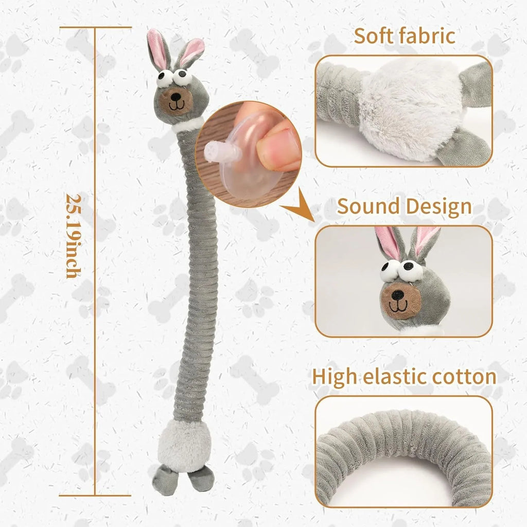 Brown grey yellow squeaky crinkle plush dog toy with stuffing for small medium large dogs