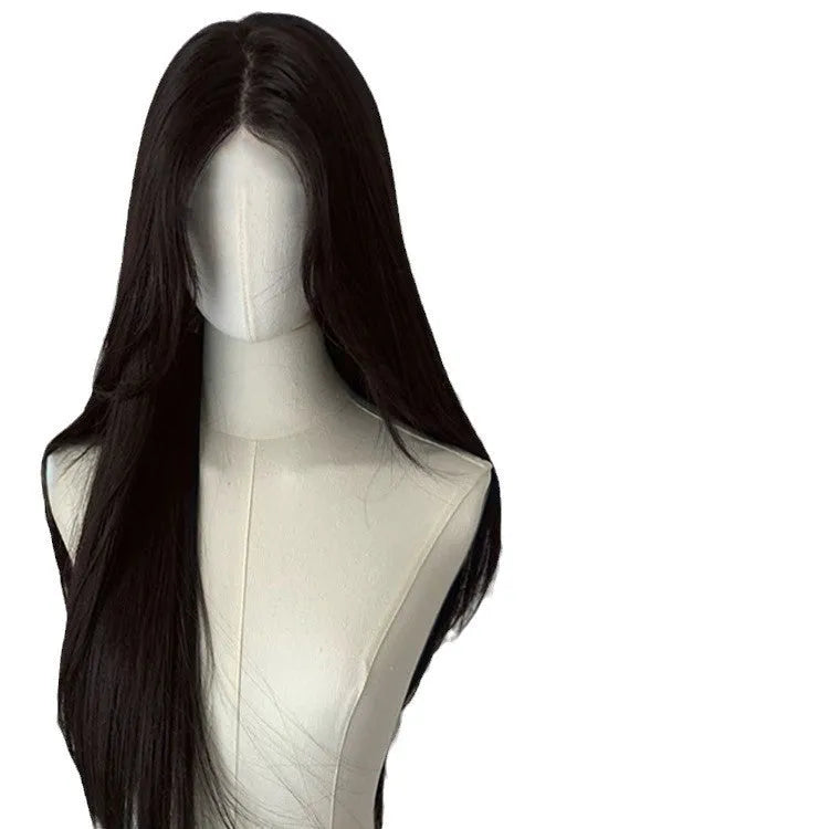 Forehead lace long straight full-head wig in dark brown colour with side bangs styling