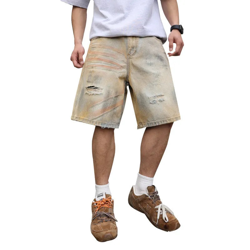 Light blue men's denim shorts with distressed wash and straight-leg silhouette