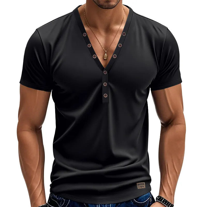 Men's loose thin V-neck pullover top with button design in chemical fibre blend fabric