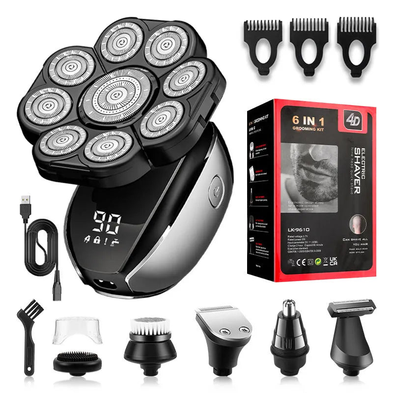 Black 6-in-1 multifunctional rechargeable hair clipper and shaver kit with attachments on a white background.