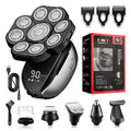 Black 6-in-1 multifunctional rechargeable hair clipper and shaver kit with attachments on a white background.