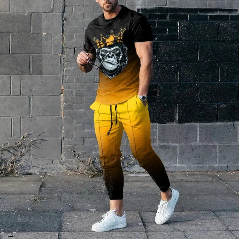 Men's short-sleeved round neck pullover and matching trousers sportswear set in polyester blend fabric