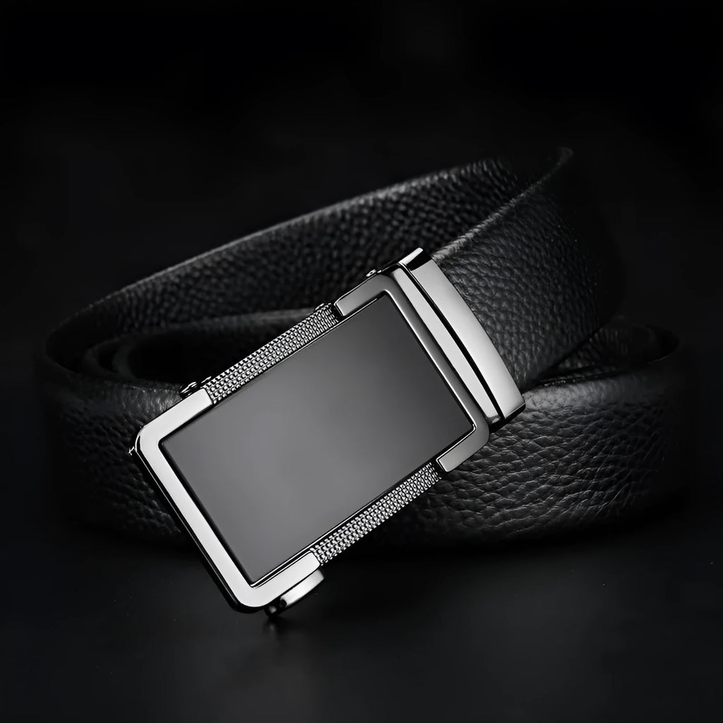 Men's leather automatic click belt in gold, silver, and gun black finishes showing buckle detail