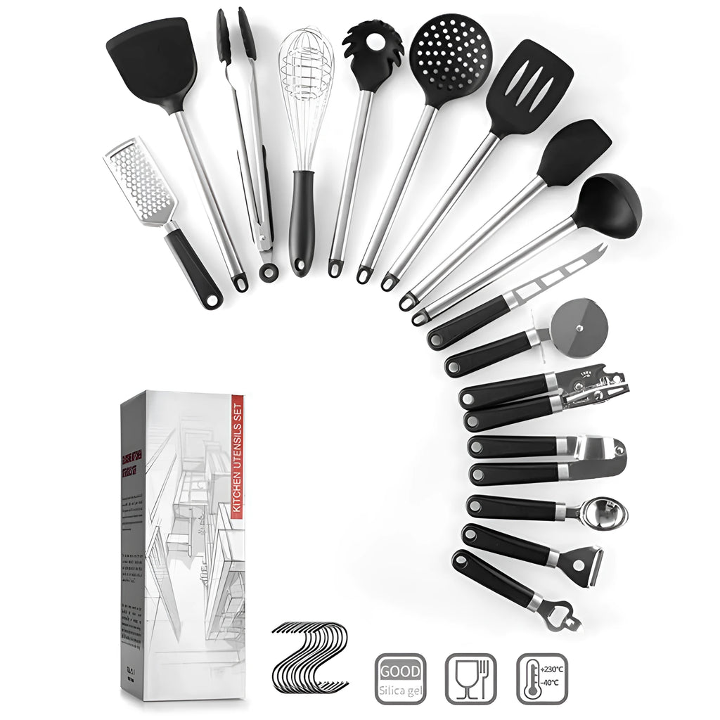 Black silicone spatula and spoon set with stainless steel handles, 16-piece kitchen utensil collection