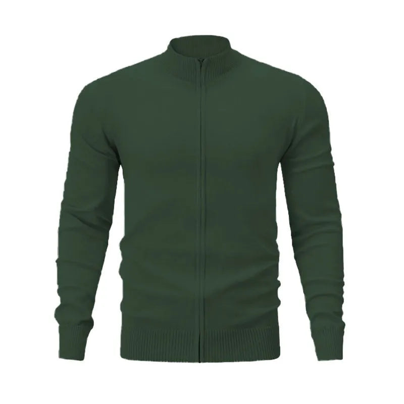 Men's cotton zip-up cardigan with stand collar in loose fit available in seven solid colours