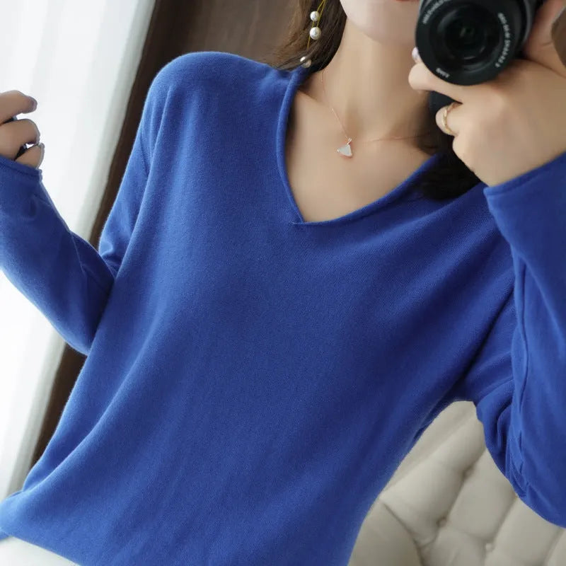 Women's V-neck long sleeve knitwear pullover top in a macaron colour, showcasing non-iron elegant style.