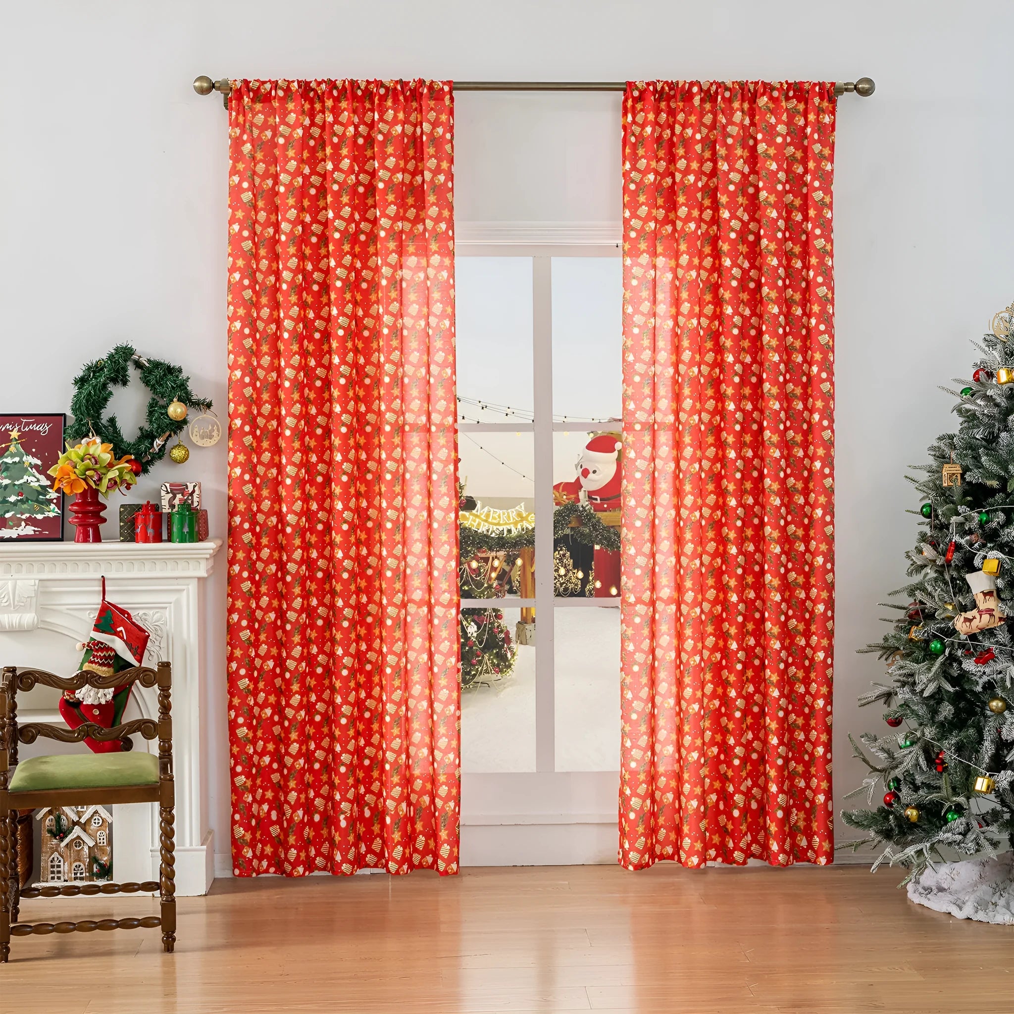 Green and red Christmas curtain with snowman and angel cartoon print, American style 1 metre window decoration