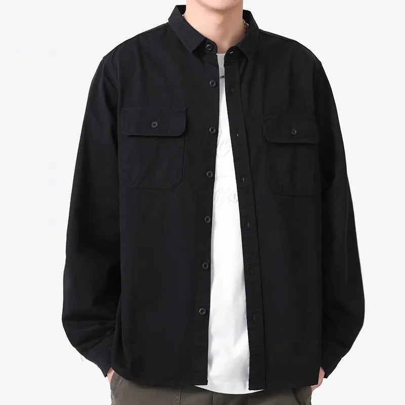 Men's loose fit long sleeve cardigan shirt in light grey, black, khaki or green colours