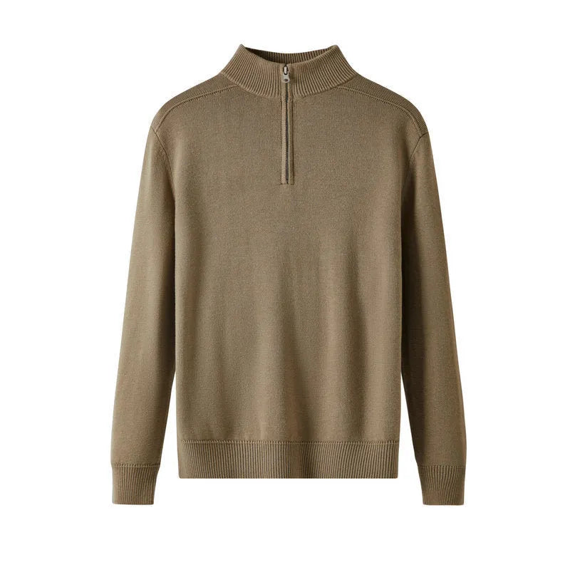 Men's slim-fit casual sweater in thickened wool, shown in a stone sand colour.