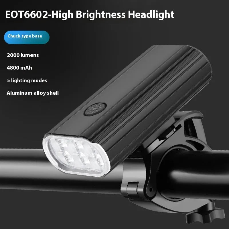 Aluminium alloy bicycle headlight with six XPT lamp beads showing quick-release mounting system