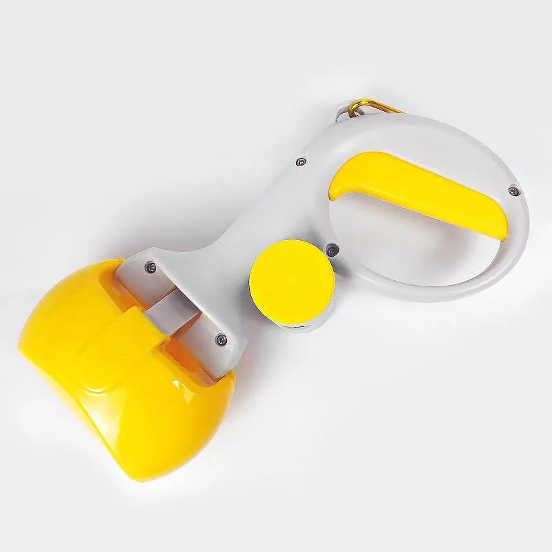 Heavy-duty ABS plastic pet pooper scooper with built-in trash bag holder and top carrying hook.