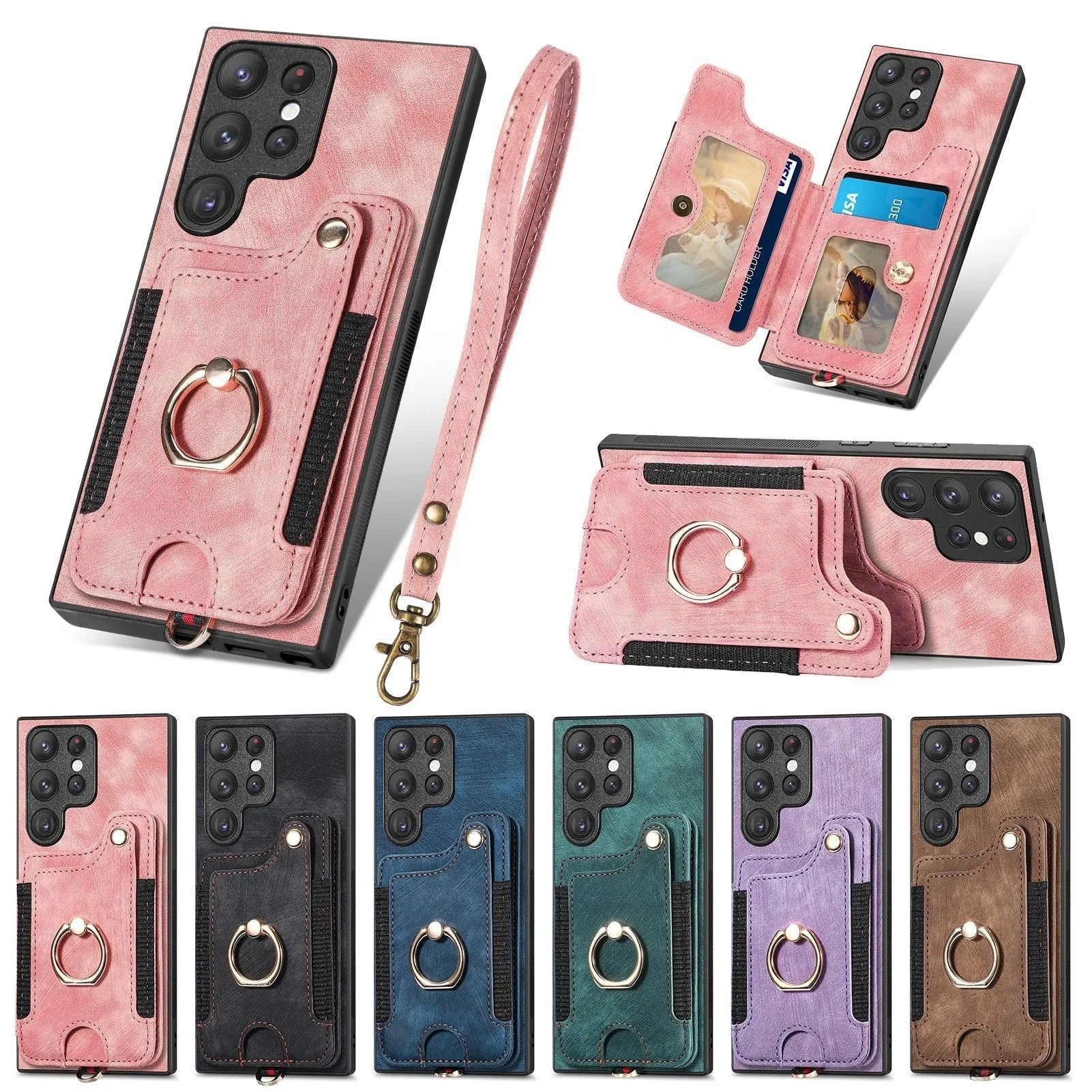 Dark brown PU Samsung phone case with anti-theft ring lanyard, card holder, and kickstand