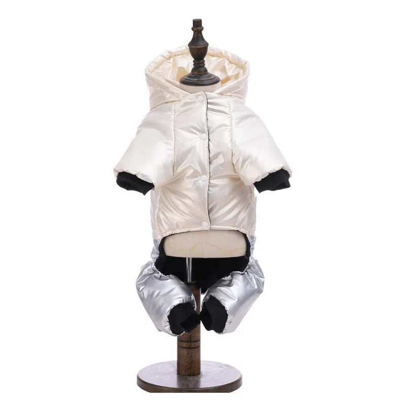 Green waterproof dog coat with four legs and cotton padding shown on a canine model