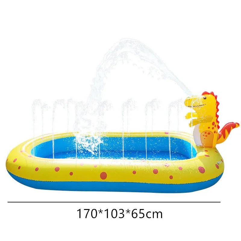 Large blue inflatable kids pool with dinosaur water spray and separate shark pool section