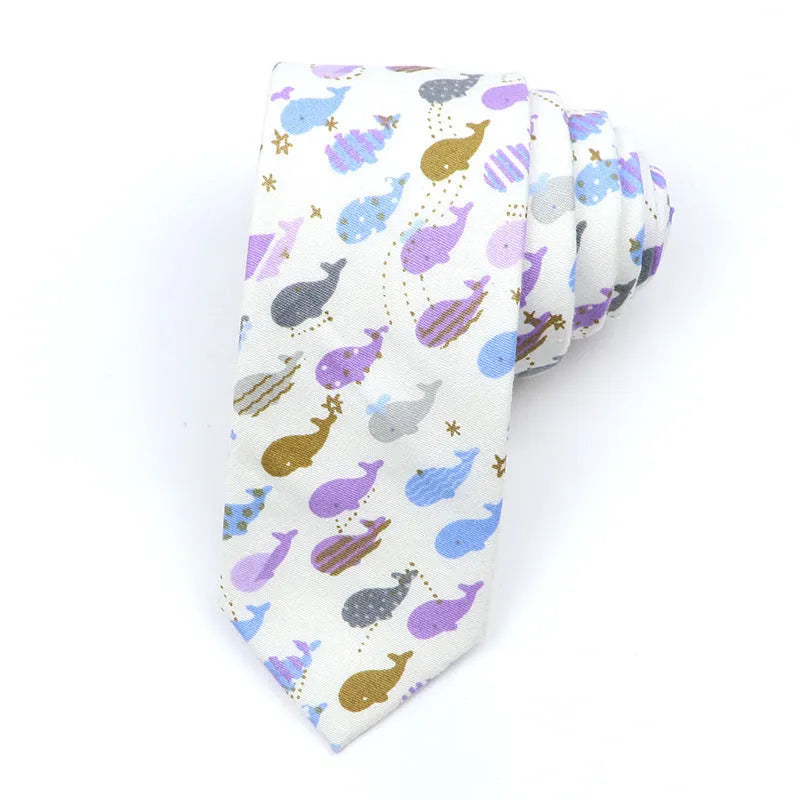 Korean style narrow men's cotton bow tie with a printed cartoon pattern in a selected colour.