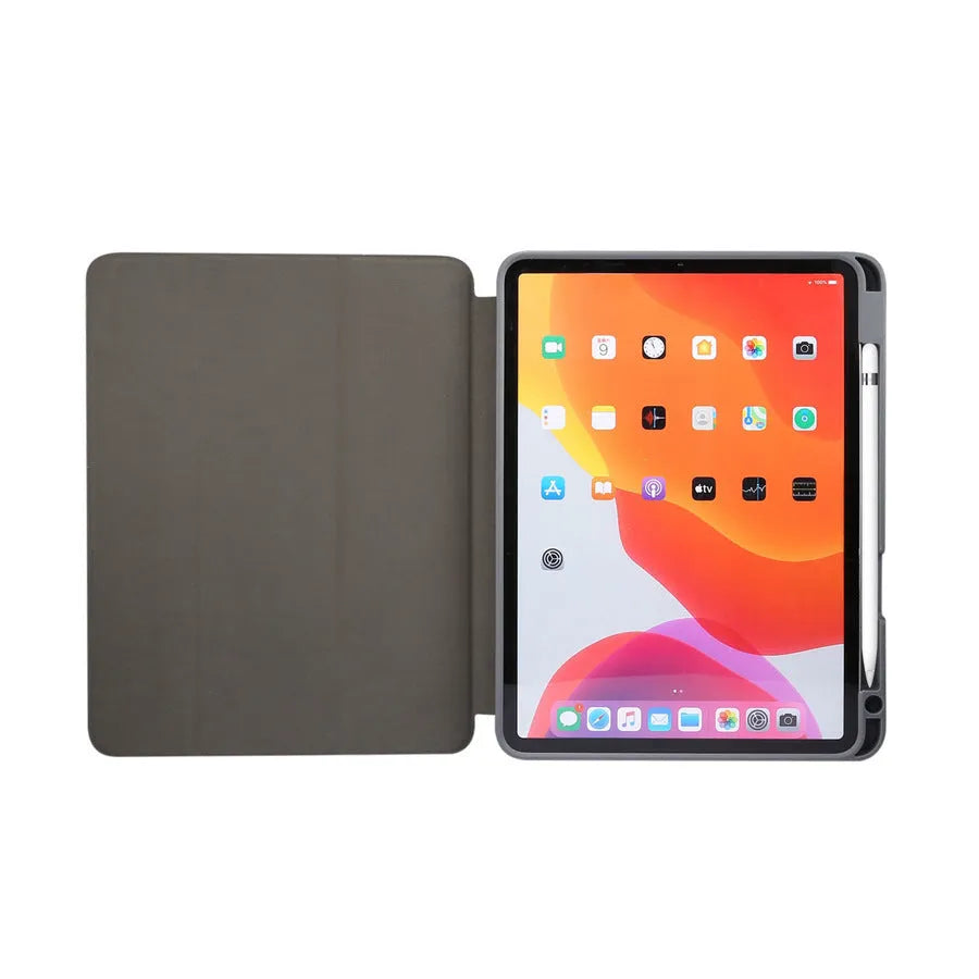 iPad leather tri-fold case in multiple colours showing pen slot and stand function