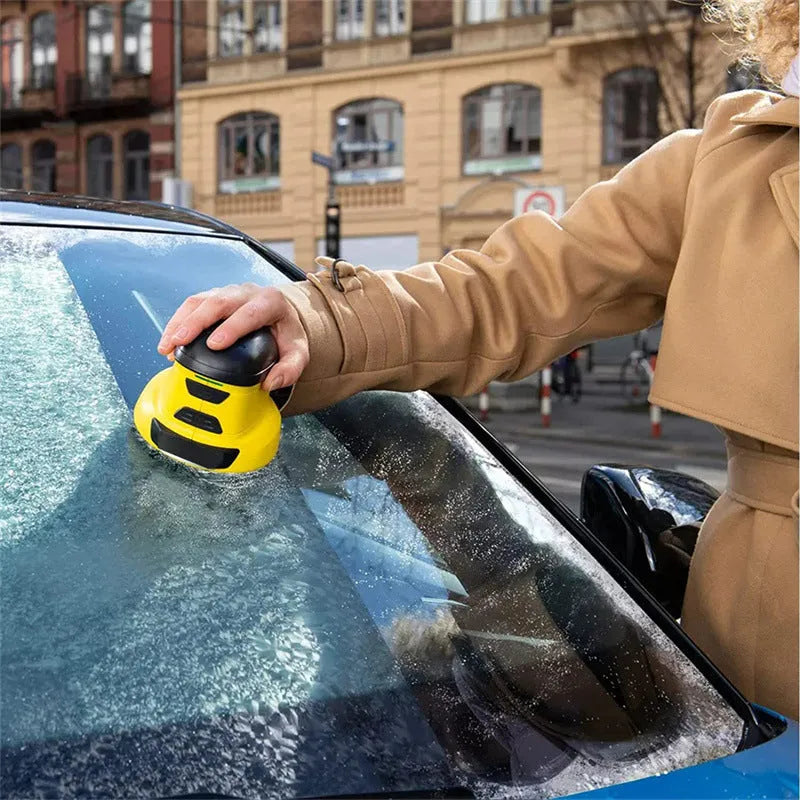 Yellow cordless electric ice scraper with rounded ABS blade for car window de-icing