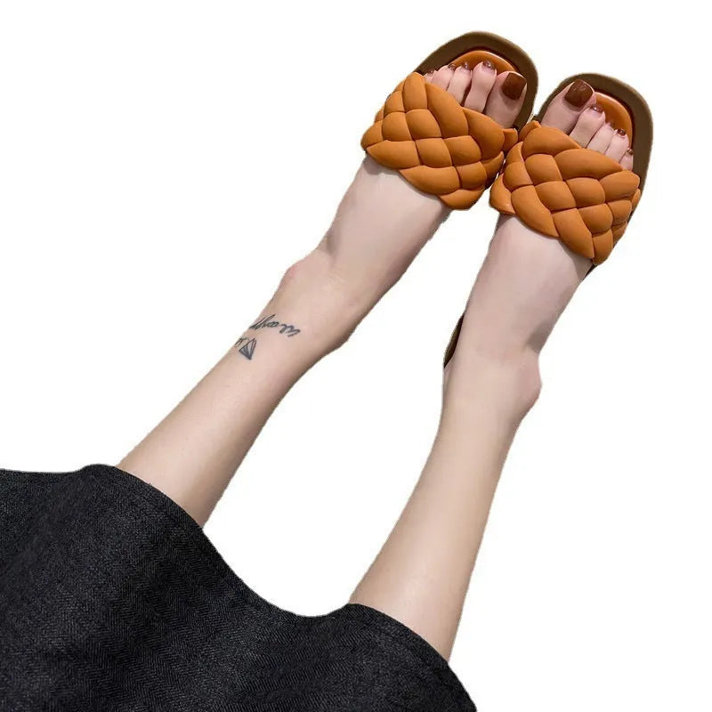 Women's plaid pattern beach sandals with thick anti-skid PVC soles in black, green, orange and white colours