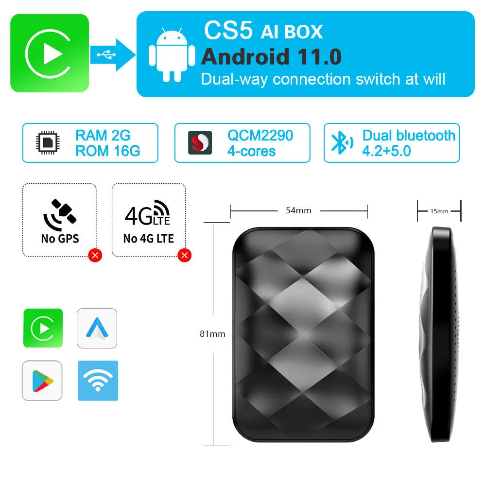 Android smart box for wireless CarPlay upgrade with ABS chassis and 81x54x15mm dimensions