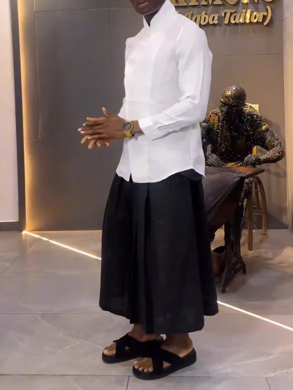 Women's white asymmetric long sleeve shirt and black pleated trousers casual two-piece set