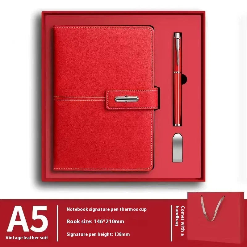 Customisable A5 notebook with PU leather cover in choice of colours, featuring wood-free paper.