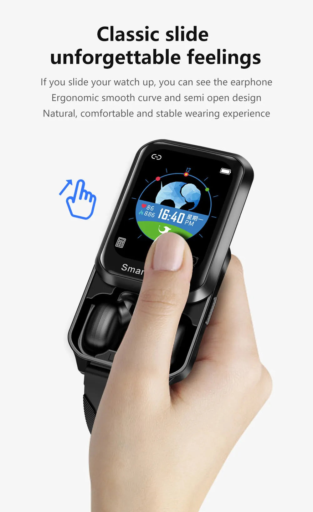 Bluetooth smart bracelet with split screen display showing call information on silicone wrist strap