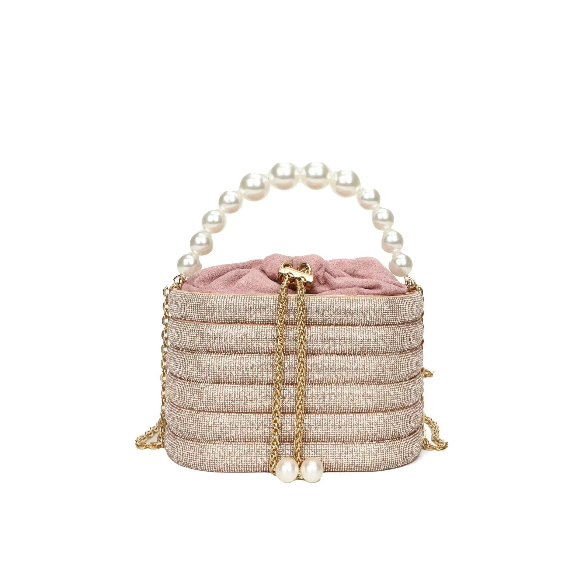 Women's retro style crossbody bag with pearl beads and rounded shape in soft PU material