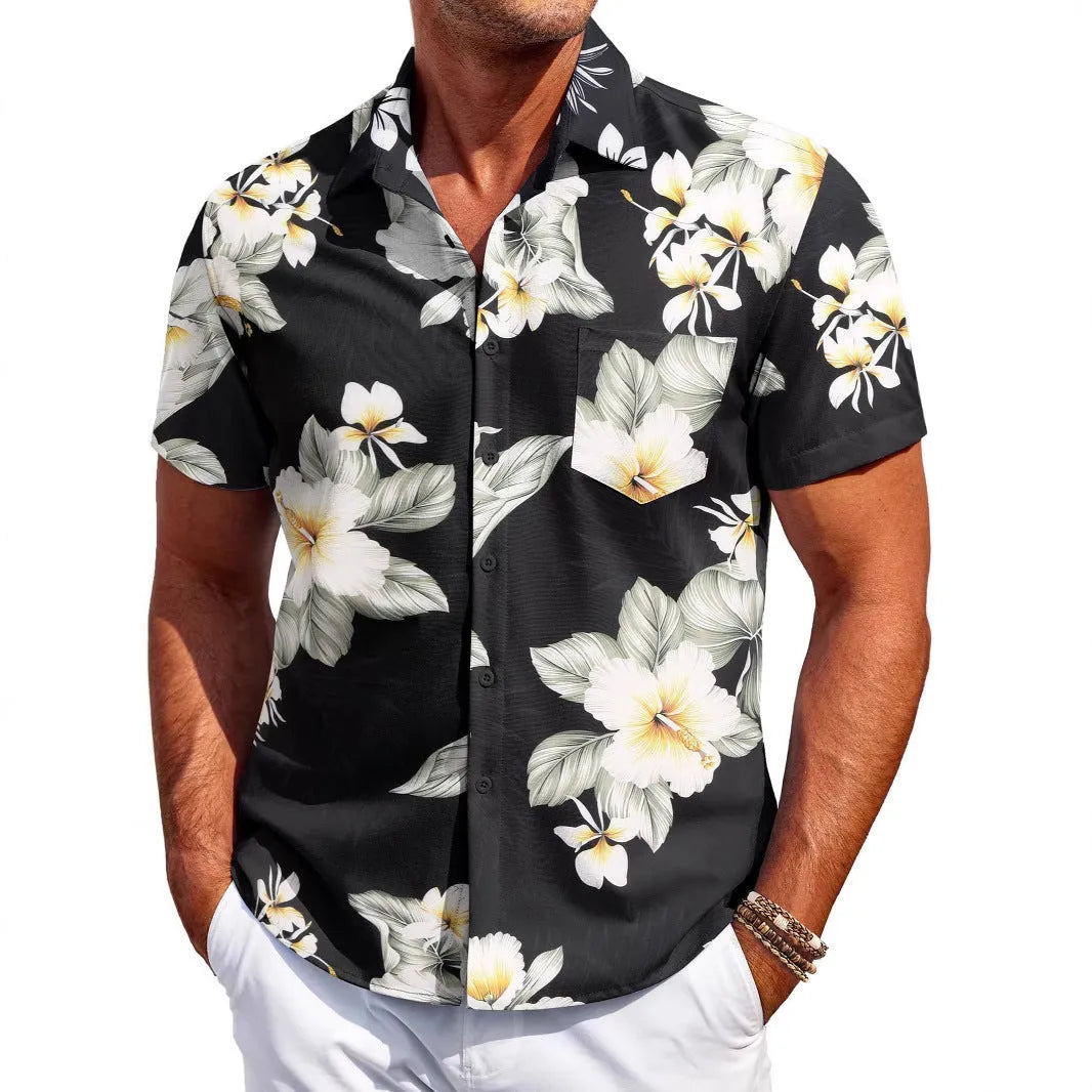 Men's slim fit Hawaiian-inspired cardigan shirt in elastic polyester fabric