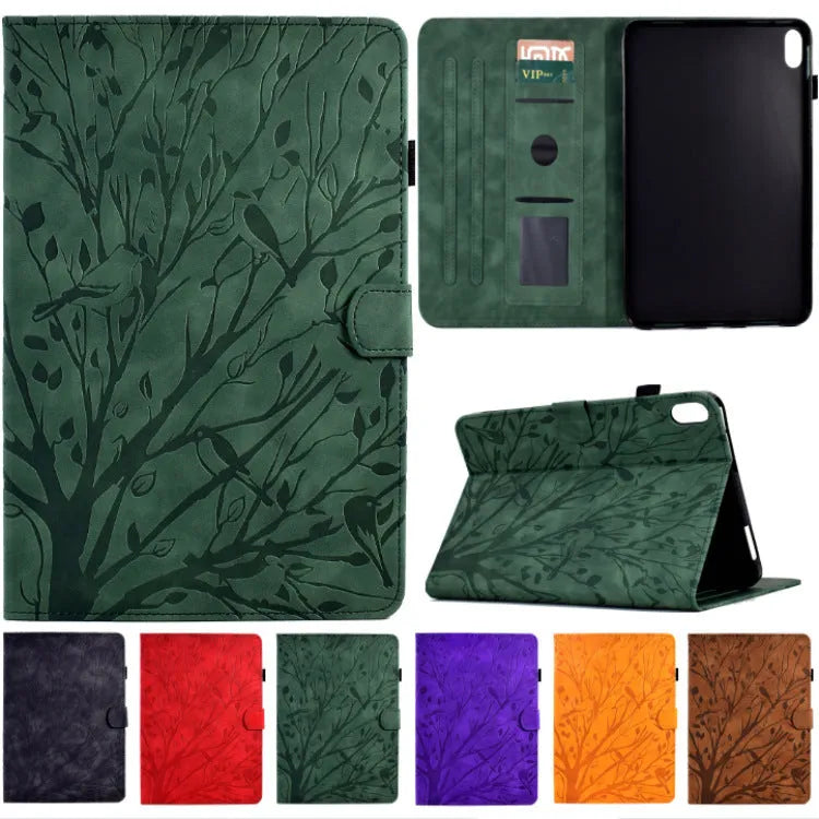 Black imitation leather tablet case with Pachira macrocarpa engraving and built-in viewing bracket open.