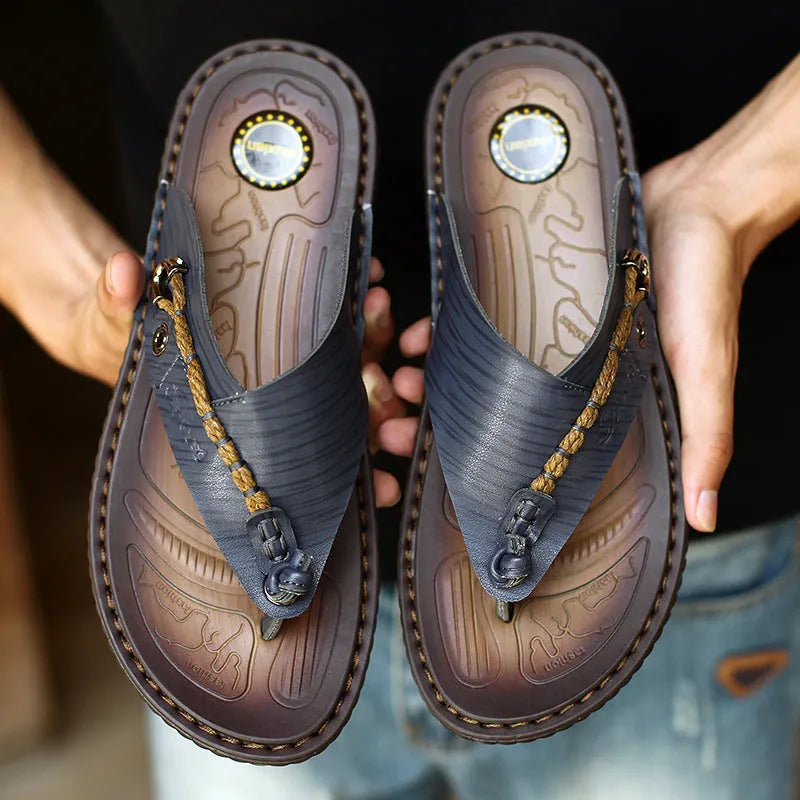 Men's herringbone pattern outdoor slippers in dark blue with leather lining and rubber sole