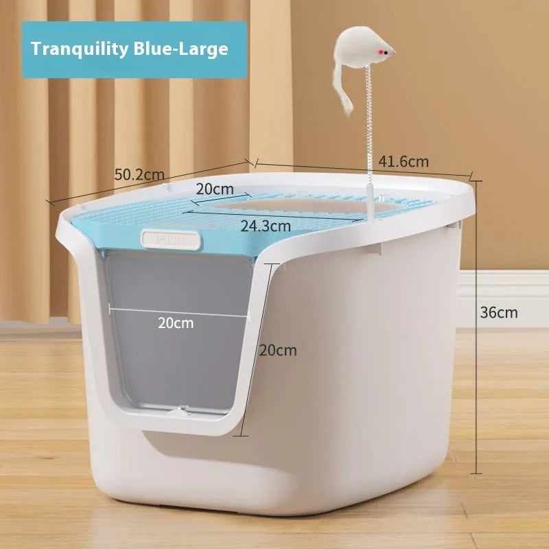 Fully enclosed splash-proof cat litter basin in grey with rolling tail top-in design and included accessories