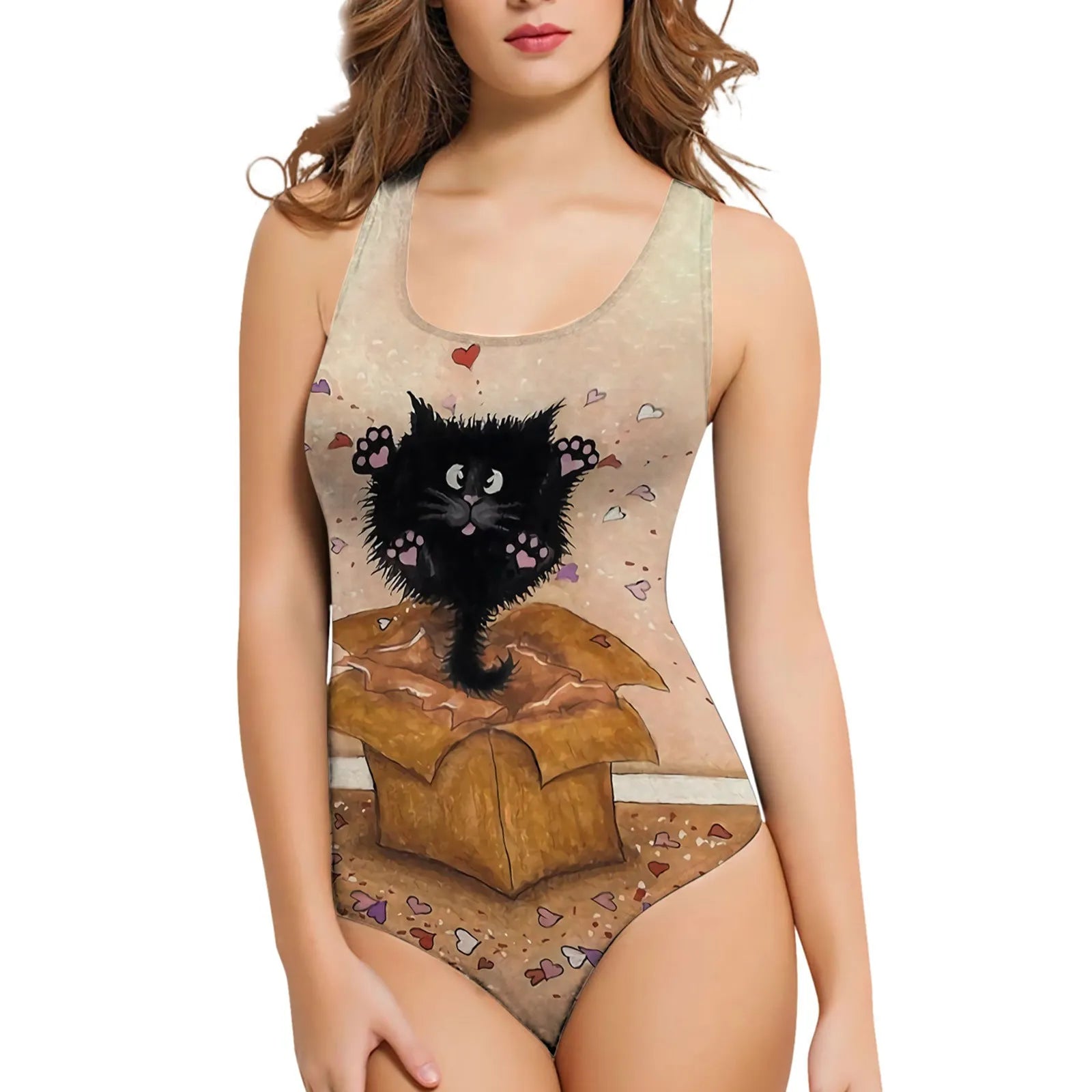 Women's sleeveless one-piece swimsuit with a detailed 3D printed butterfly pattern on blue fabric.