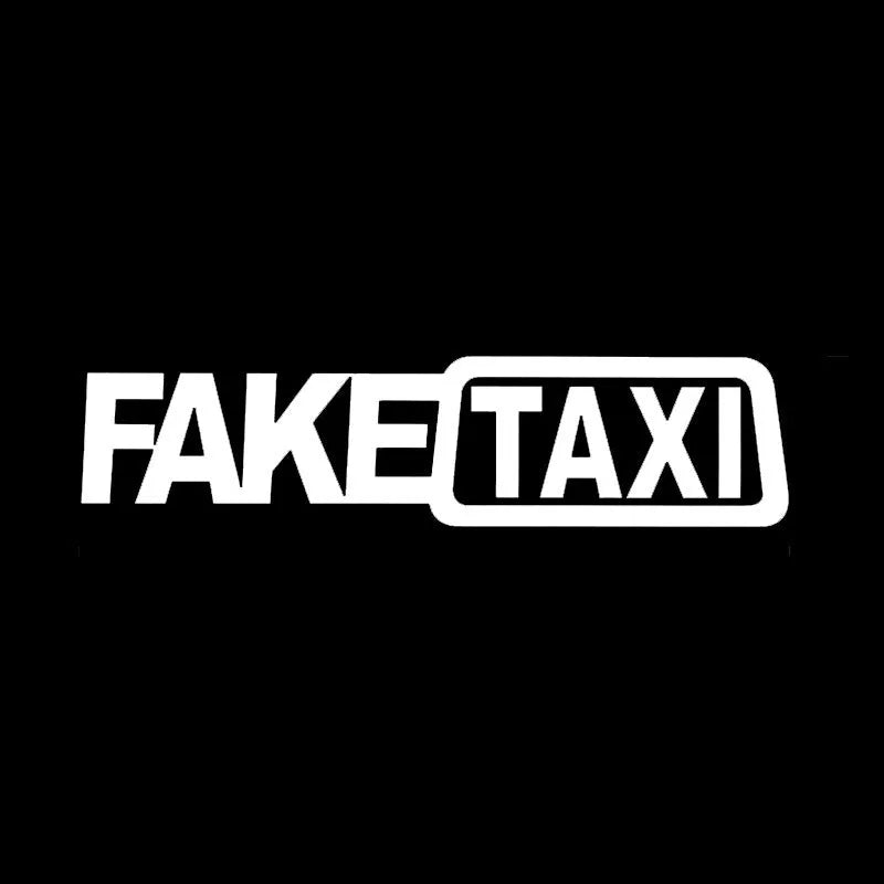 Set of three FAKE TAXI car warning stickers in yellow, black, and white, each 20cm by 8cm.