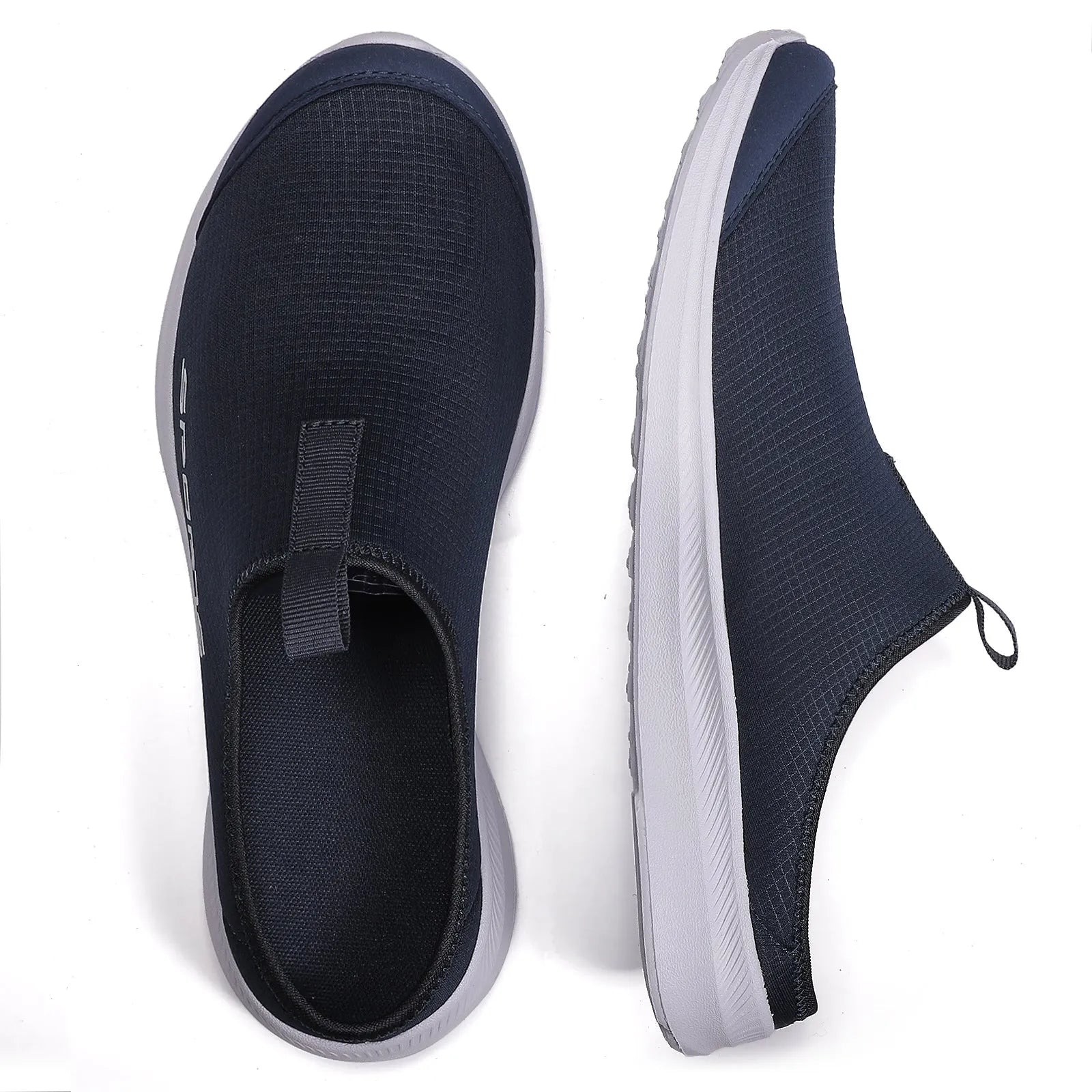 Men's breathable mesh half slippers with EVA sole in khaki and black colours, one-pedal slip-on design