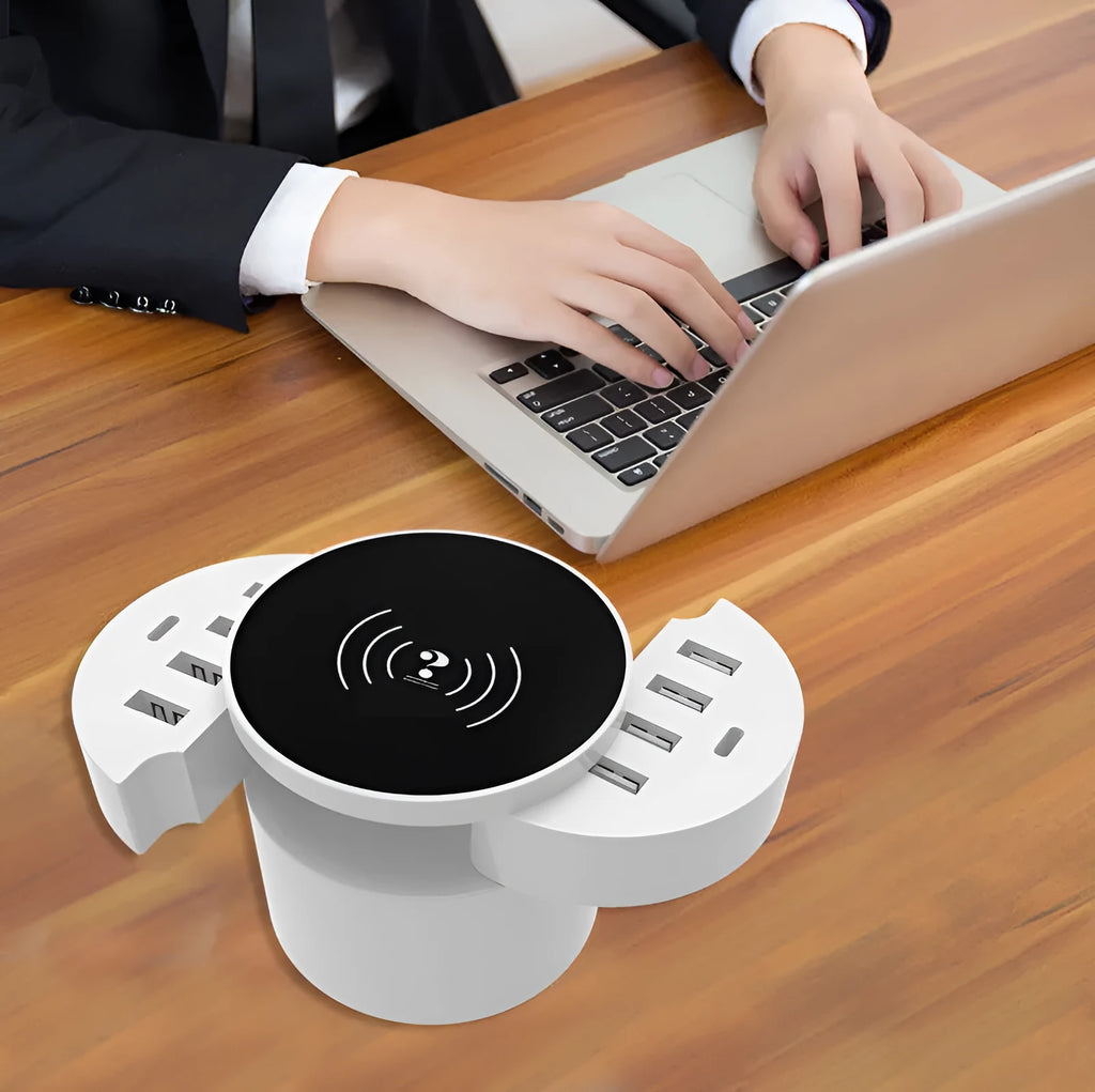 Ceramic white circular wireless charger with multiple ports and international plug adapters