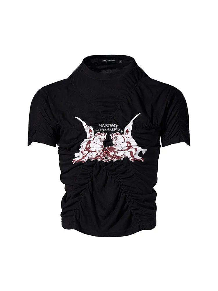 Black men's slim fit printed short sleeve T-shirt with round neck on a man.