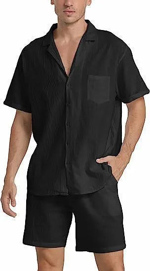 Men's flax linen short-sleeve top and shorts summer sports suit in army green