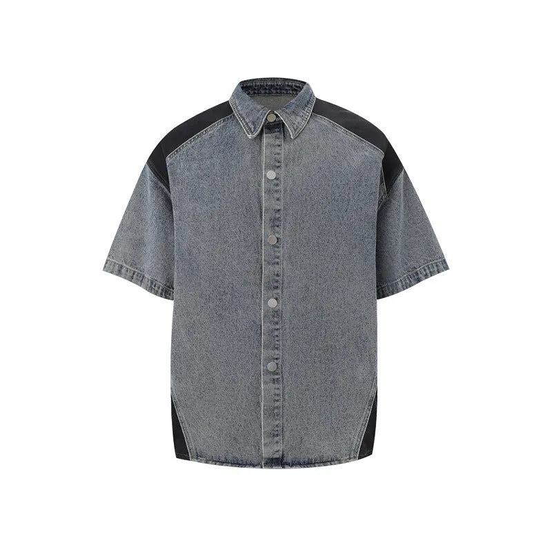 Retro denim suit set showing washed finish short-sleeve jacket and matching trousers