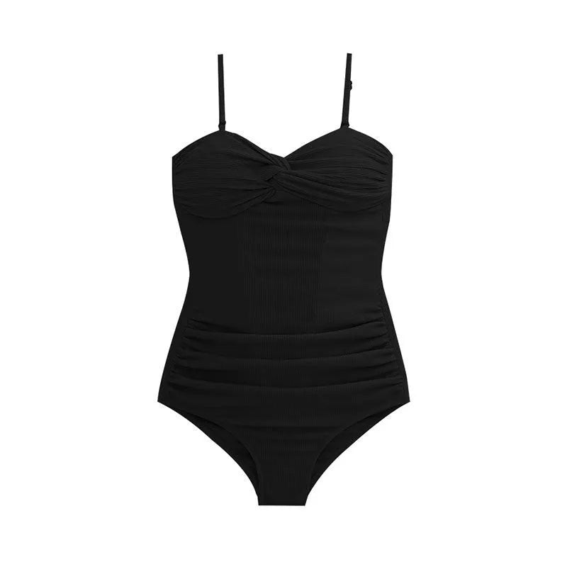 Women's black suspender strap one-piece swimsuit with a high-waisted slimming design on a mannequin.