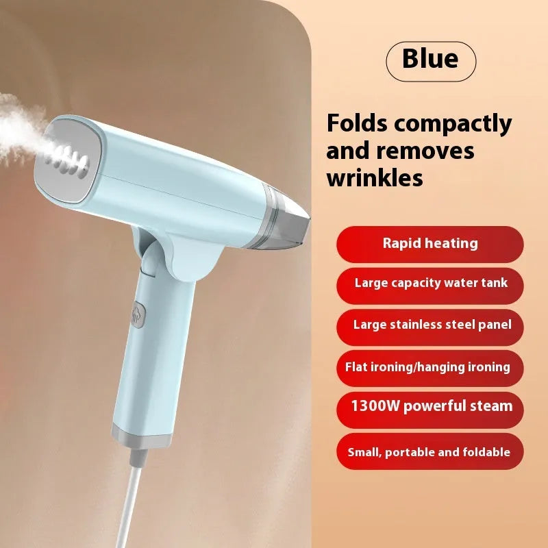 Handheld garment steamer in white or blue with mechanical controls and compact design