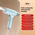 Handheld garment steamer in white or blue with mechanical controls and compact design