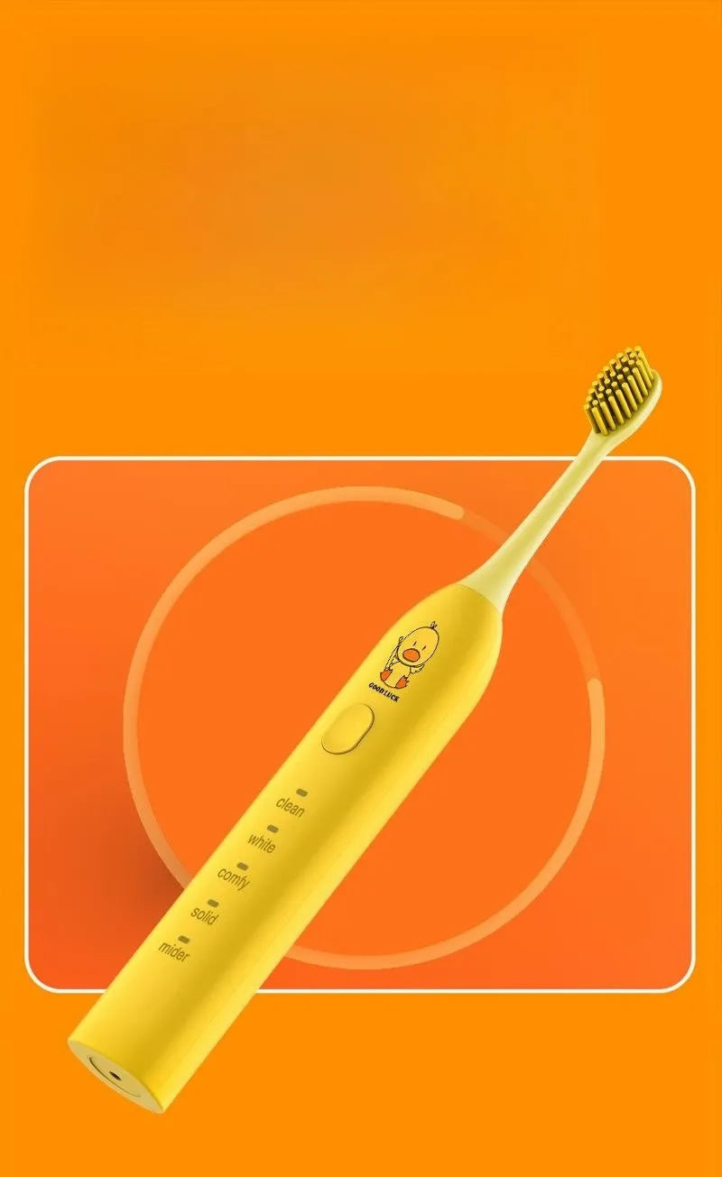 Yellow rechargeable smart electric toothbrush with soft bristle head and USB charging cable