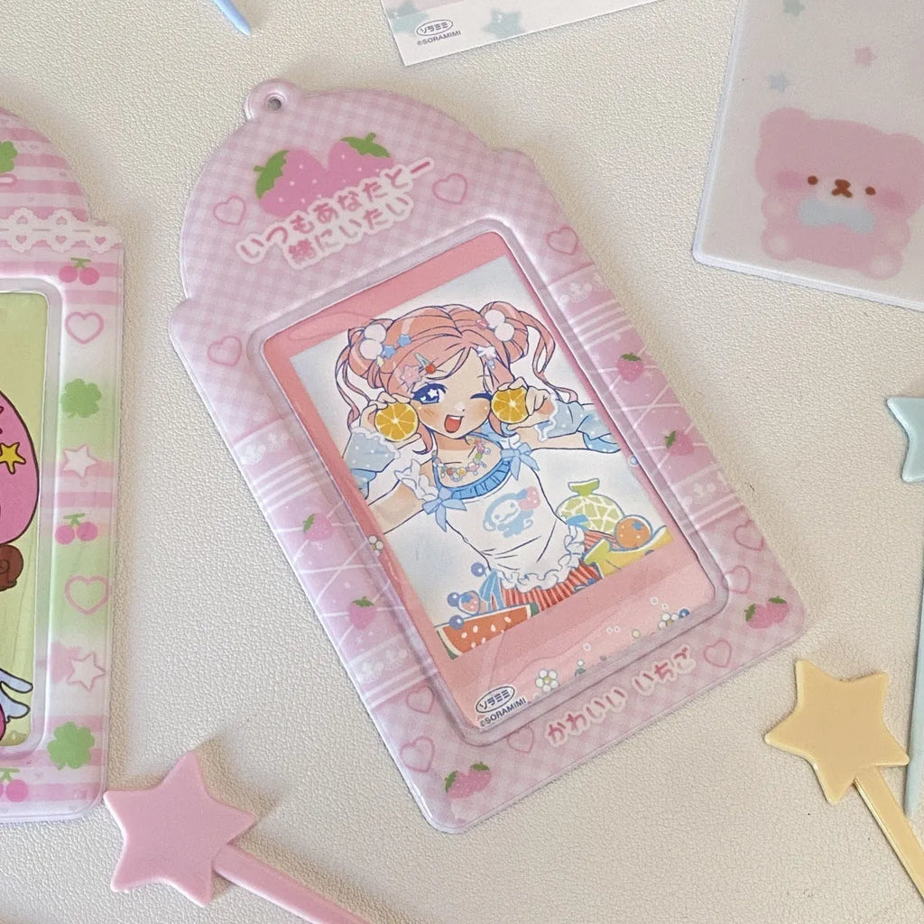 Cartoon strawberry or four-leaf clover PVC meal card holder pendant with clear card sleeve