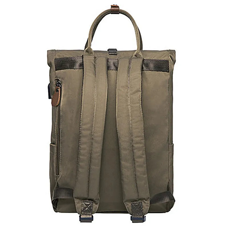 Casual polyester backpack with cover flap open, showing internal laptop pocket and zipper pocket.