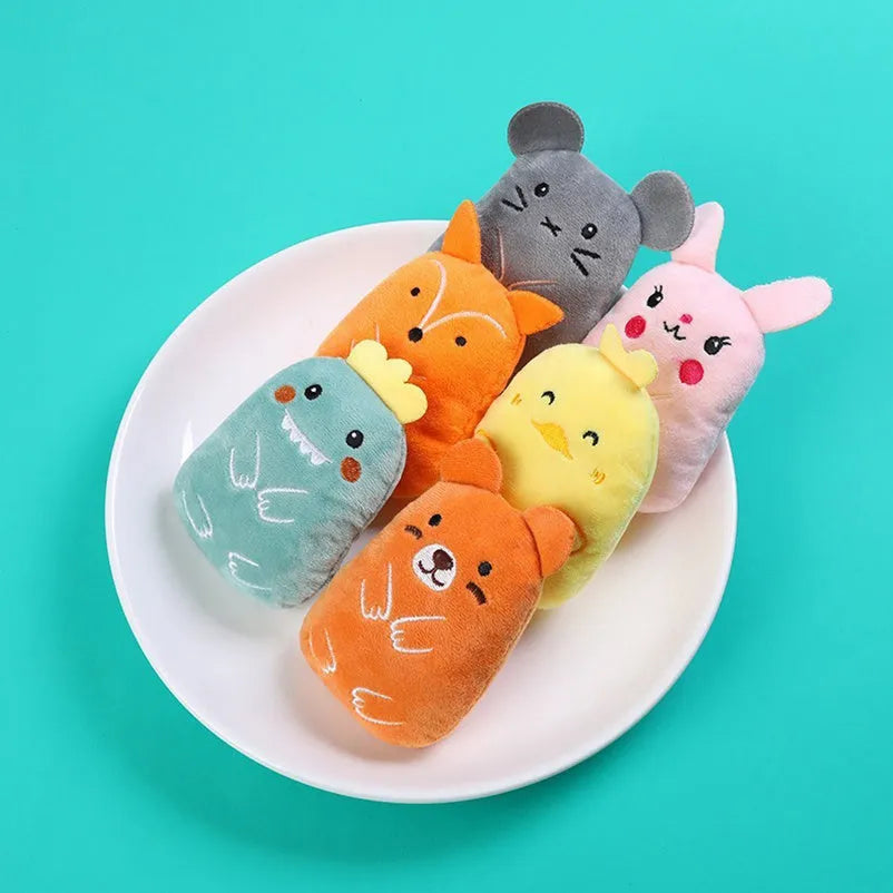 Small plush catnip toy with vocal feature for feline teeth grinding and claw play