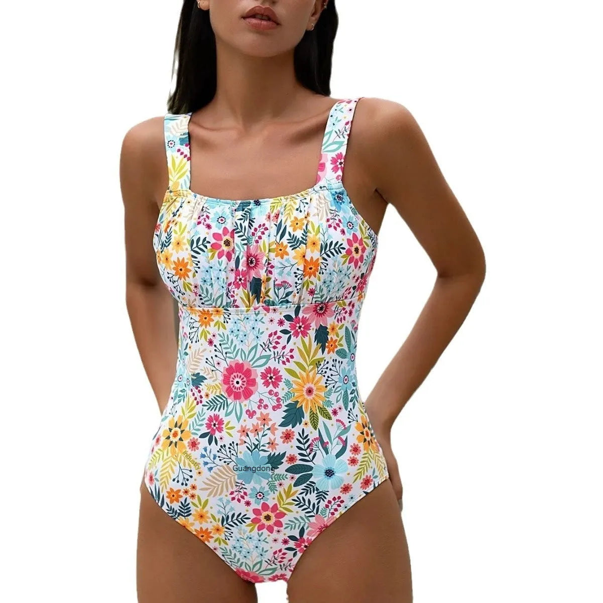 Women's pastoral floral print one-piece swimsuit with full-bed coverage in polyester fabric.