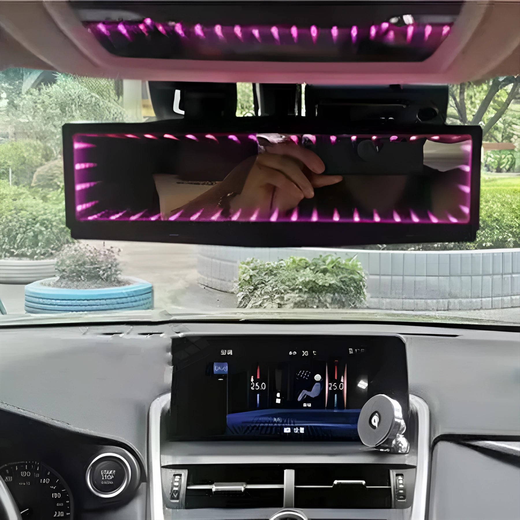 Square plastic car rearview mirror with wide 280mm flat glass and integrated LED lighting trim