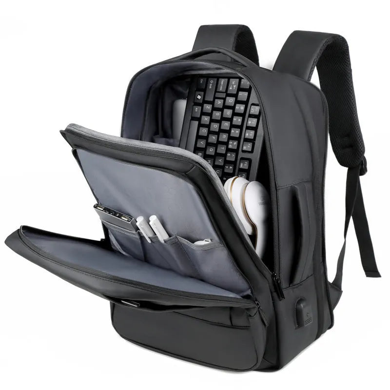 Black waterproof Oxford cloth backpack with curved shoulder strap and business styling