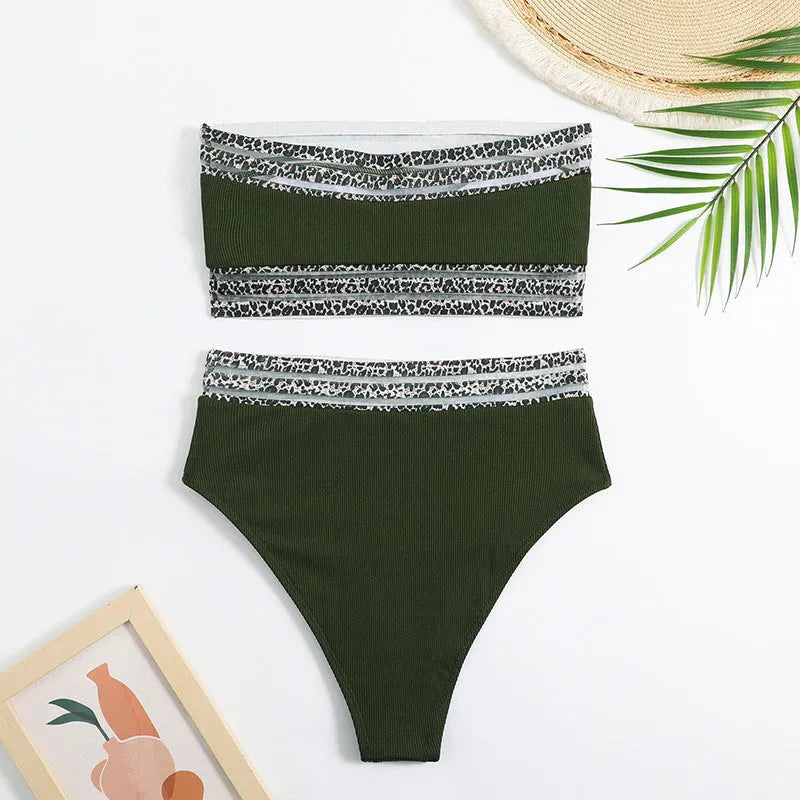 Black strapless leopard print split swimsuit bikini set with briefs